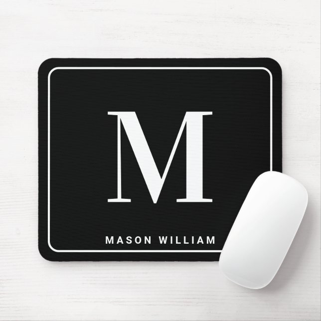 Modern Minimalist Monogram & Name - Stylish Black Mousepad (Mit Mouse)