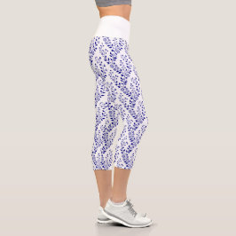 Modern Minimalist Navy Blue White Floral Capri Leggings