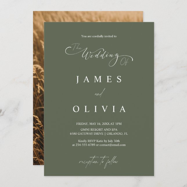 Modern Minimalist Olive Green Photo Wedding Invita Einladung (Vorne/Hinten)