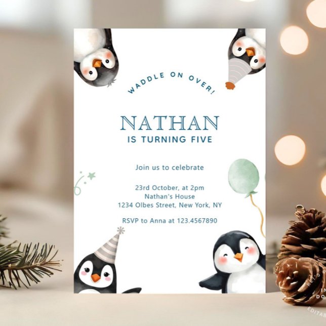 Modern Minimalist Penguin Winter Birthday Party Einladung (winter wonderland birthday, penguin birthday invitation, winter forest mountain, winter birthday, ru)