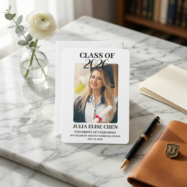 Modern Minimalist Photo Graduation Black Script  Ankündigung (Modern Minimalist Photo Graduation Black Script Class of 2026 Elegant Professional)