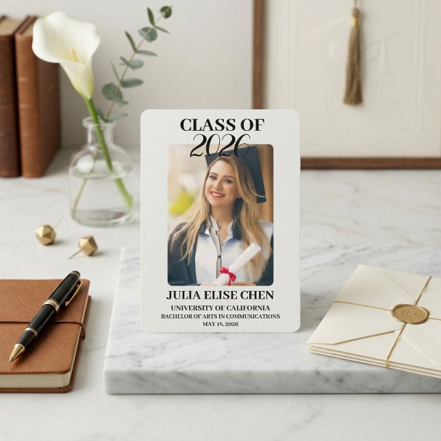 Modern Minimalist Photo Graduation Black Script  Ankündigung (Modern Minimalist Photo Graduation Black Script Class of 2026 Elegant Professional)