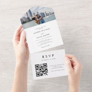Modern & Minimalist Photo QR Code RSVP Wedding All In One Einladung
