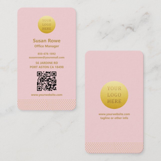 Modern Minimalist Pink and Gold Dots QR Code Visitenkarte (Vorne/Hinten)
