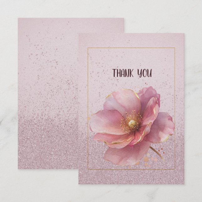 Modern Minimalist Pink Gold Poppy Wedding Dankeskarte (Vorne/Hinten)