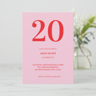 Modern Minimalist Pink Red 20st Birthday Einladung