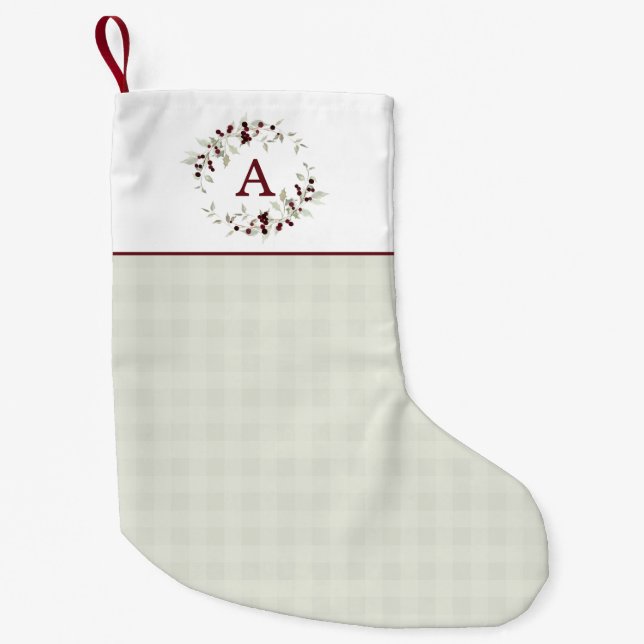 Modern Minimalist Plaid Holly Wreath Monogram Kleiner Weihnachtsstrumpf (Vorderseite)