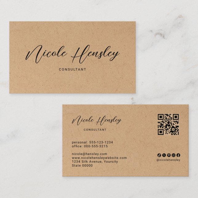 Modern Minimalist QR Code Rustic Kraft Paper Print Visitenkarte (Vorne/Hinten)
