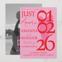 Modern Minimalist Red Pink Heart Photo Wedding Einladung