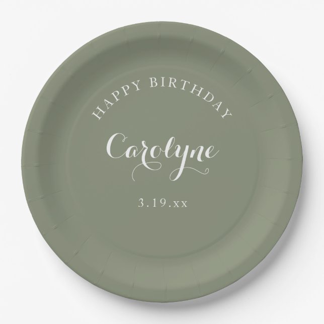 Modern Minimalist Sage Green Birthday  Pappteller (Vorderseite)