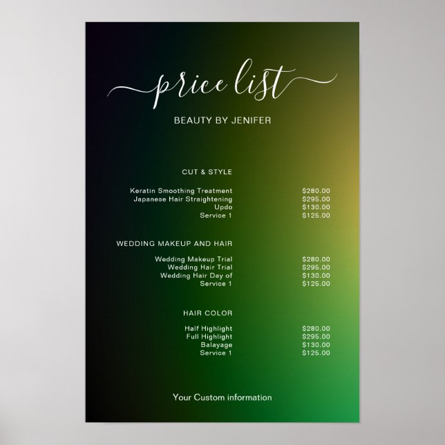 Modern Minimalist Salon Price List Sign for Beauty Poster (Vorne)