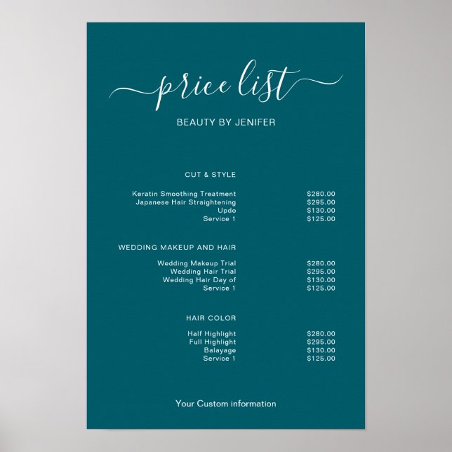Modern Minimalist Salon Price List Sign for Beauty Poster (Vorne)
