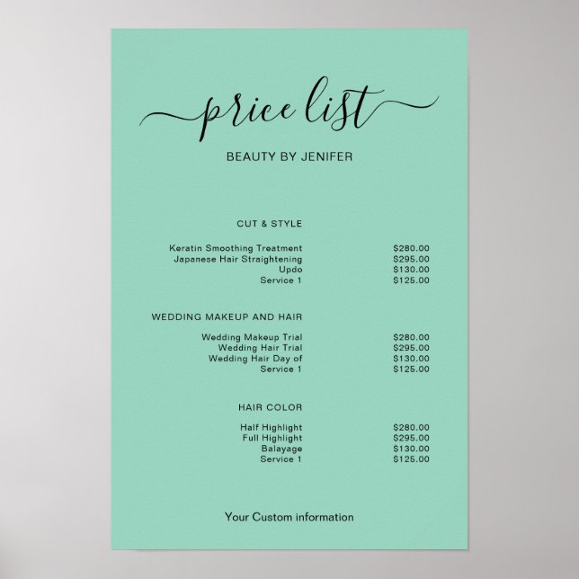 Modern Minimalist Salon Price List Sign for Beauty Poster (Vorne)