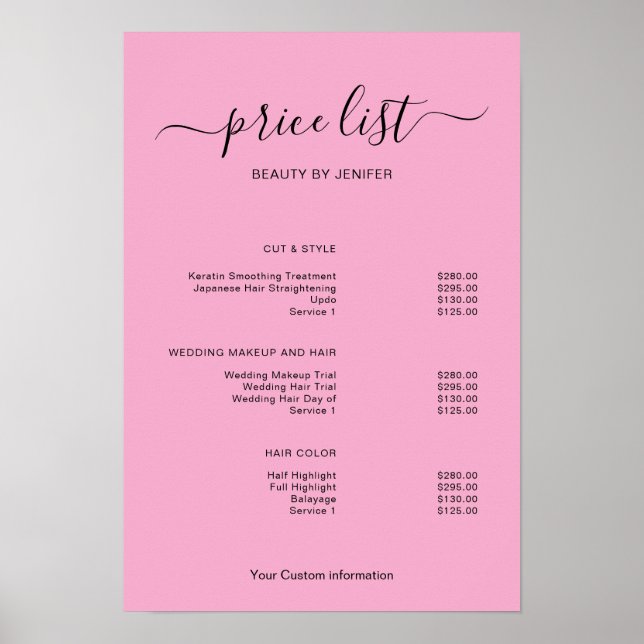Modern Minimalist Salon Price List Sign for Beauty Poster (Vorne)