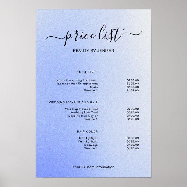 Modern Minimalist Salon Price List Sign for Beauty Poster (Vorne)