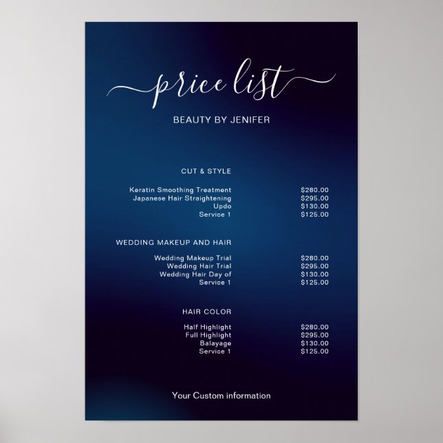 Modern Minimalist Salon Price List Sign for Beauty Poster (Vorne)