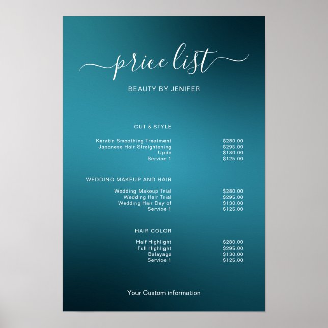 Modern Minimalist Salon Price List Sign for Beauty Poster (Vorne)