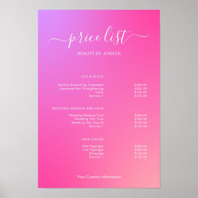 Modern Minimalist Salon Price List Sign for Beauty Poster (Vorne)