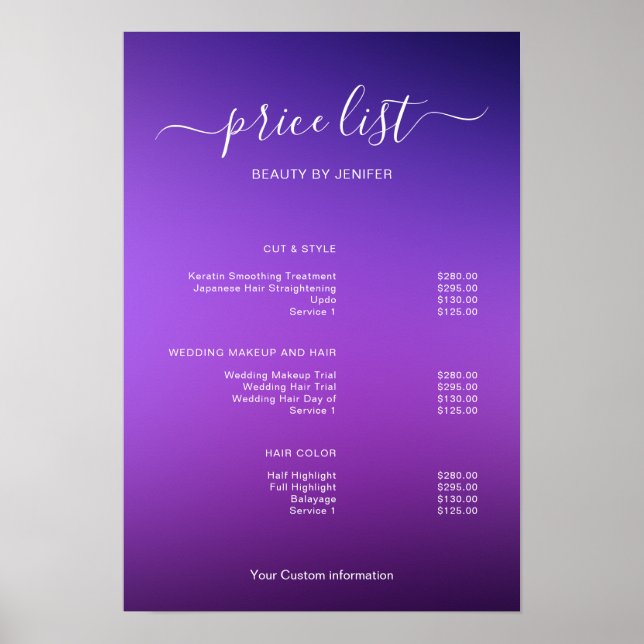 Modern Minimalist Salon Price List Sign for Beauty Poster (Vorne)