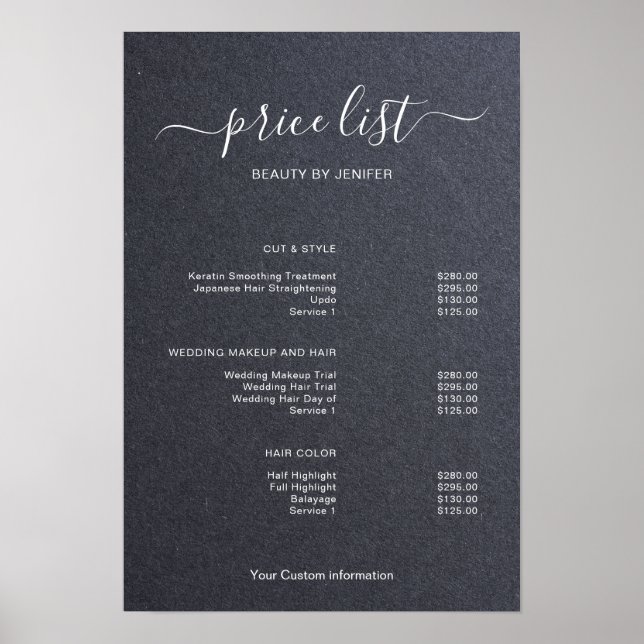 Modern Minimalist Salon Price List Sign for Beauty Poster (Vorne)