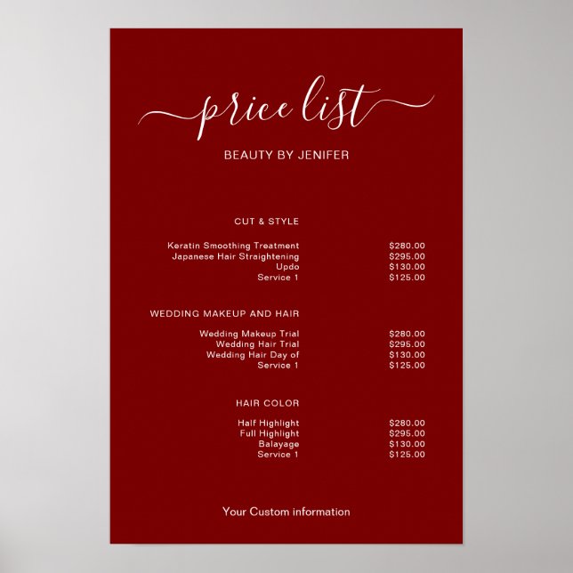 Modern Minimalist Salon Price List Sign for Beauty Poster (Vorne)