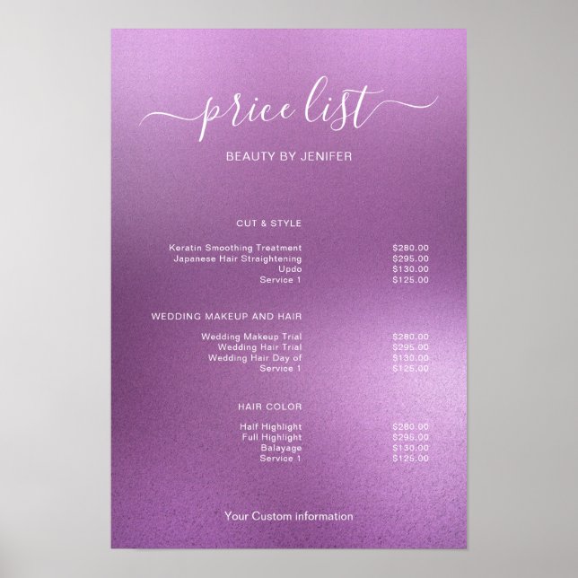 Modern Minimalist Salon Price List Sign for Beauty Poster (Vorne)