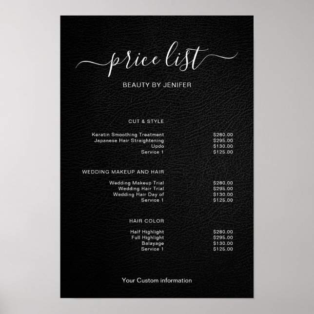 Modern Minimalist Salon Price List Sign for Beauty Poster (Vorne)