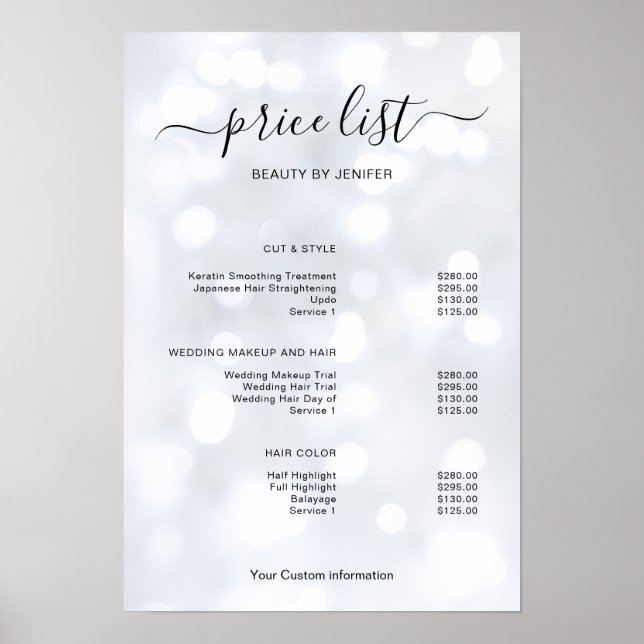 Modern Minimalist Salon Price List Sign for Beauty Poster (Vorne)
