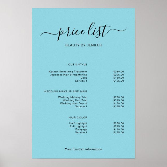 Modern Minimalist Salon Price List Sign for Beauty Poster (Vorne)