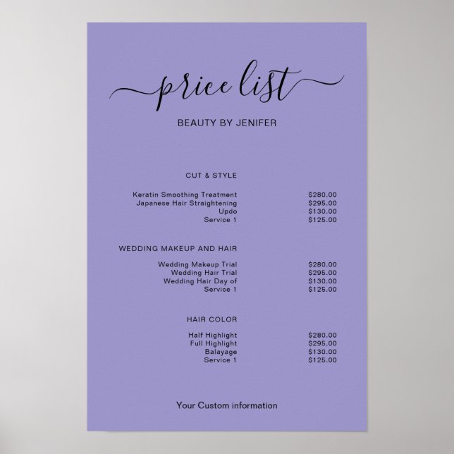 Modern Minimalist Salon Price List Sign for Beauty Poster (Vorne)