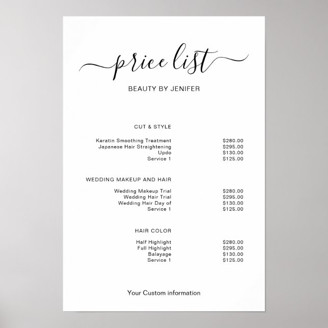 Modern Minimalist Salon Price List Sign for Beauty Poster (Vorne)
