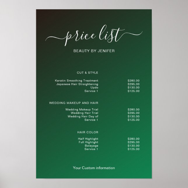 Modern Minimalist Salon Price List Sign for Beauty Poster (Vorne)