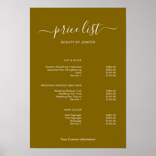 Modern Minimalist Salon Price List Sign for Beauty Poster (Vorne)