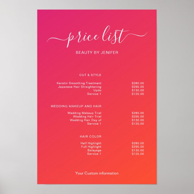 Modern Minimalist Salon Price List Sign for Beauty Poster (Vorne)