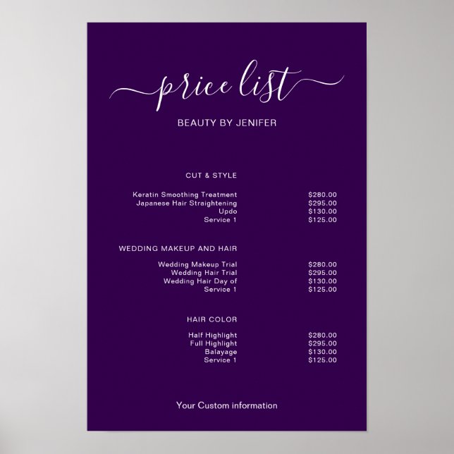 Modern Minimalist Salon Price List Sign for Beauty Poster (Vorne)