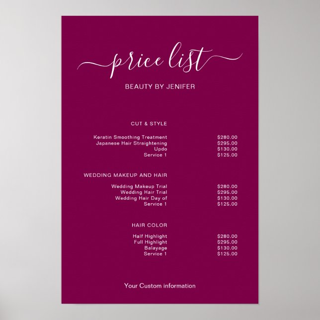 Modern Minimalist Salon Price List Sign for Beauty Poster (Vorne)