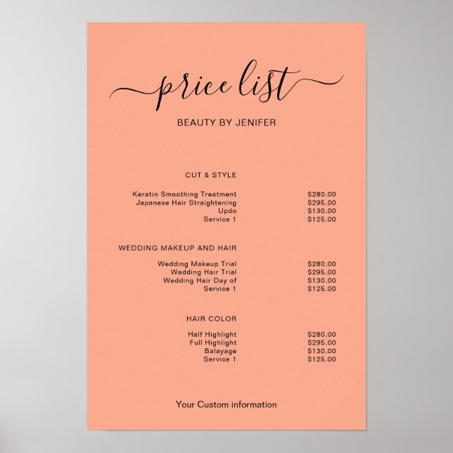 Modern Minimalist Salon Price List Sign for Beauty Poster (Vorne)