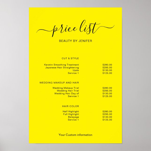 Modern Minimalist Salon Price List Sign for Beauty Poster (Vorne)