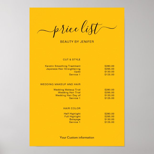 Modern Minimalist Salon Price List Sign for Beauty Poster (Vorne)