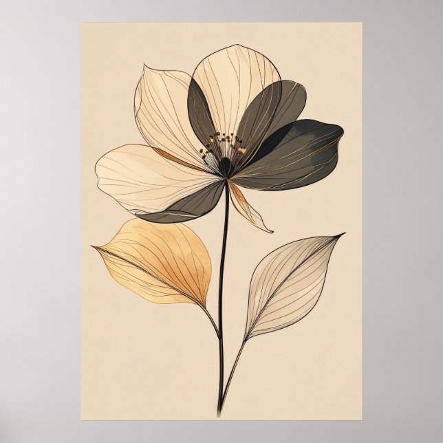 Modern Minimalist Sheer Beige & Gold Floral Botani Poster (Vorne)