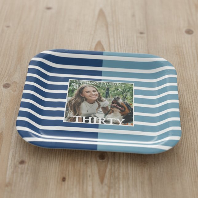 Modern Minimalist Striped 30th Birthday Photo Pappteller (Celebrate the beginning of a new decade with this Modern Minimalist Striped 30th Birthday Plate!)