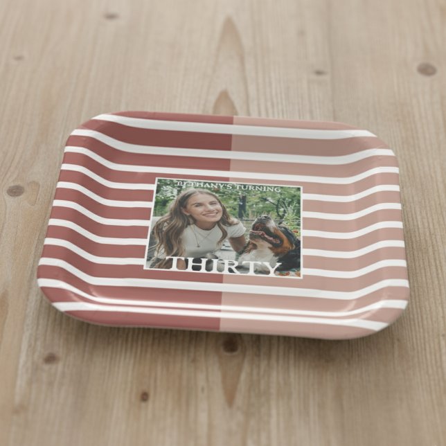 Modern Minimalist Striped 30th Birthday Photo Pappteller (Celebrate the beginning of a new decade with this Modern Minimalist Striped 30th Birthday Plate!)