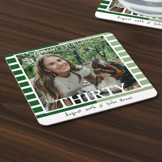 Modern Minimalist Striped 30th Birthday Photo Rechteckiger Pappuntersetzer (Celebrate the beginning of a new decade with this Modern Minimalist Striped 30th Birthday Coaster!)