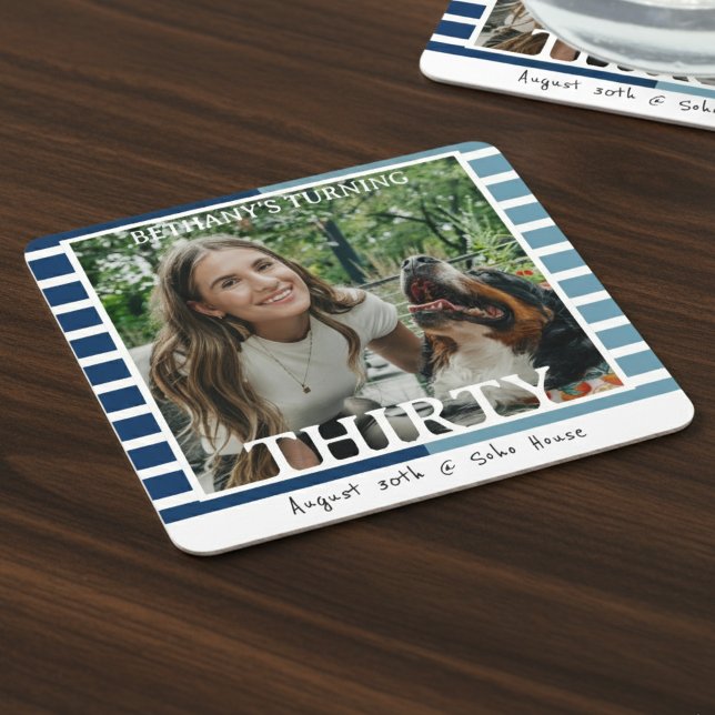 Modern Minimalist Striped 30th Birthday Photo Rechteckiger Pappuntersetzer (Celebrate the beginning of a new decade with this Modern Minimalist Striped 30th Birthday Coaster!)