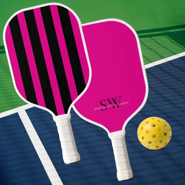 Modern Minimalist Stripes Hot Pink Black Custom Pickleball Schläger (Von Creator hochgeladen)