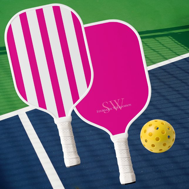 Modern Minimalist Stripes Hot Pink White Custom Pickleball Schläger (Von Creator hochgeladen)