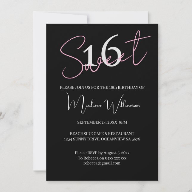 Modern Minimalist Sweet 16 Black Pink Birthday  Einladung (Vorderseite)