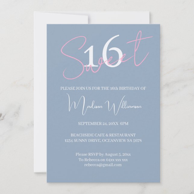 Modern Minimalist Sweet 16 Pink Blue Birthday Einladung (Vorderseite)