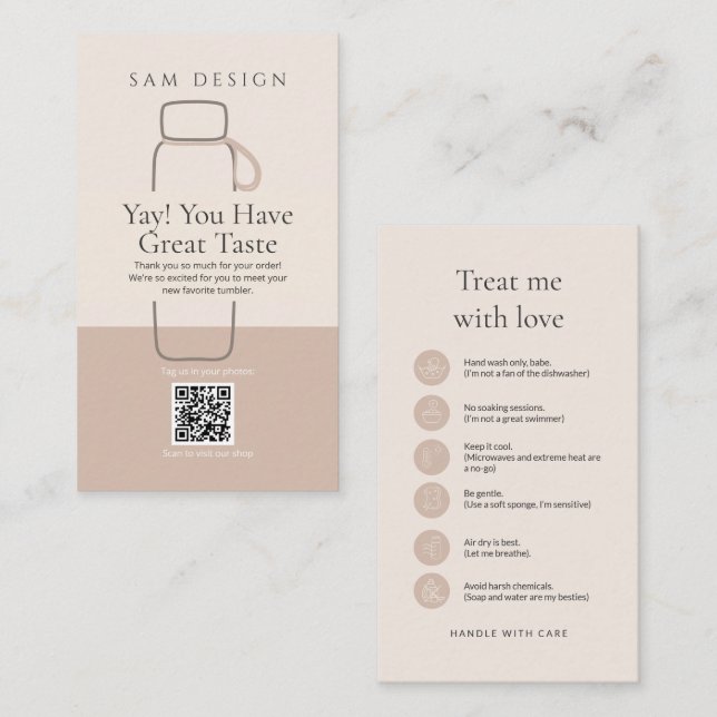 Modern Minimalist Tumbler Care Card with Barcode Visitenkarte (Vorne/Hinten)