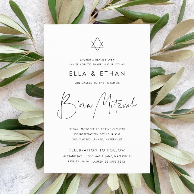 Modern Minimalist Twins B'nai Mitzvah Einladung (Von Creator hochgeladen)